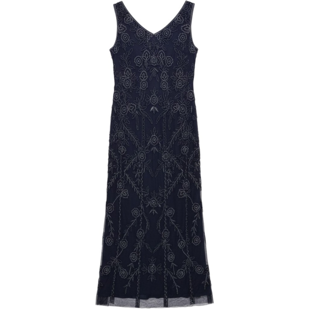 Pisarro Nights Navy Blue Beaded Sequin Floral V-Neck Evening Gown Dress Size 8